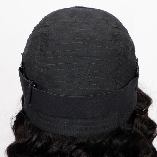 Back view of 5*5 HD glueless wig: showing adjustable elastic band and inner cap structure for glueless wear