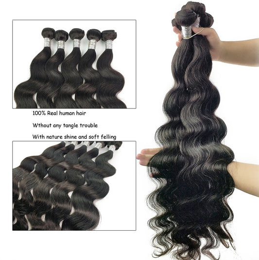 Three bundles of 10A body wave human hair, held to show the thick, full wave pattern.