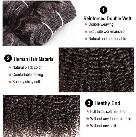 Single bundle of 12A kinky curly human hair, held to show the thick, full curl pattern.