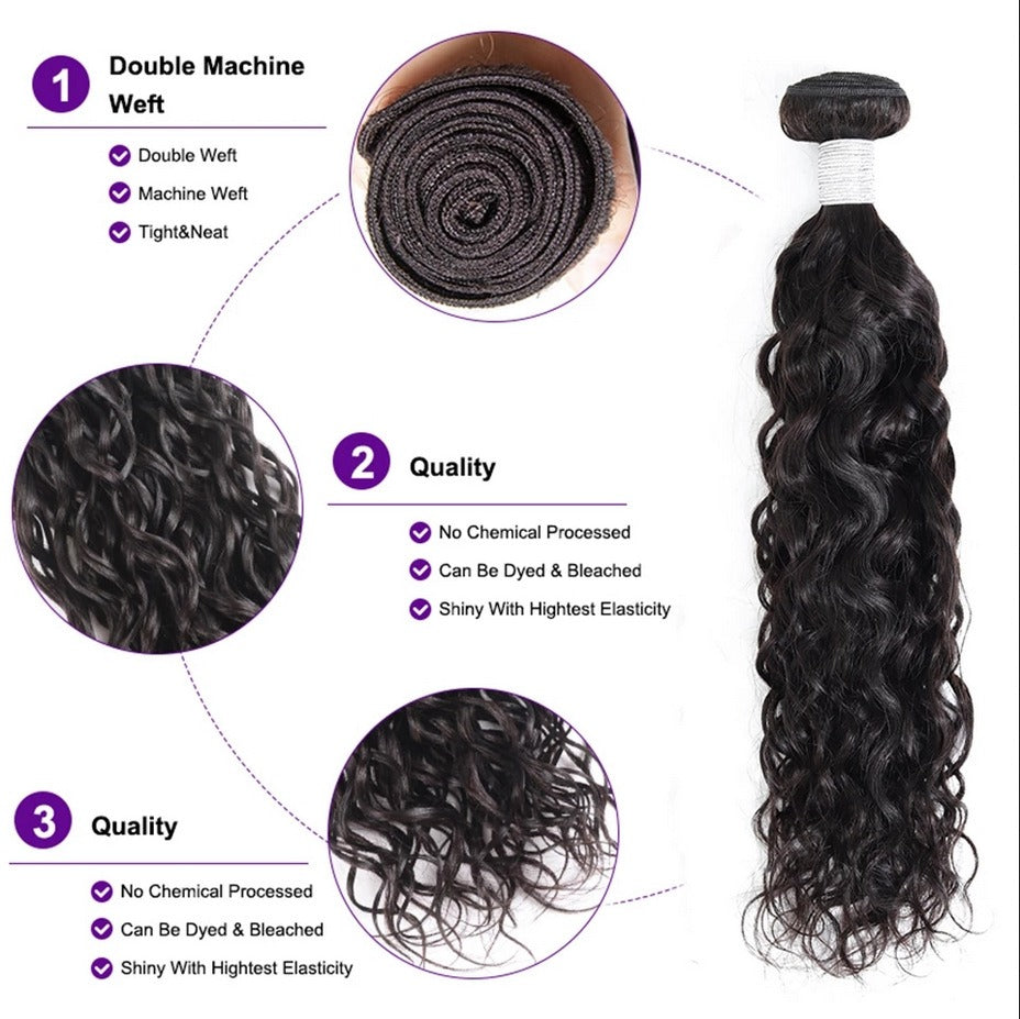 Product infographic showing different lengths and styles of water wave hair bundles, with installation tips.