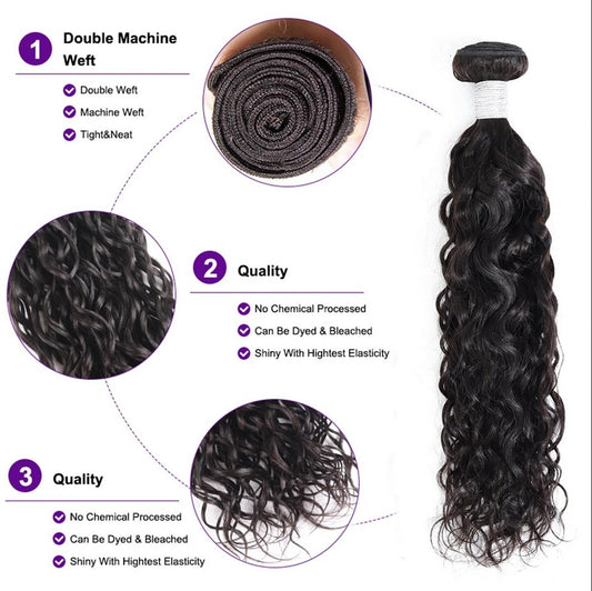 Product infographic showing different lengths and styles of water wave hair bundles, with installation tips.
