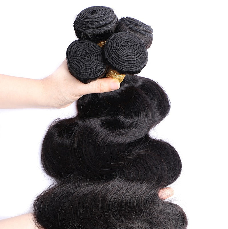 Model with styled 10A body wave hair, showcasing the versatility and natural look of the hair bundles.