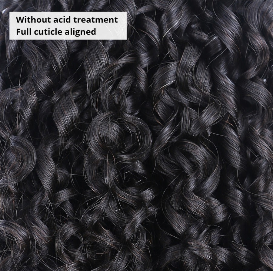 Close-up of 12A kinky curly hair bundles, displaying the tight curl pattern and natural black color.