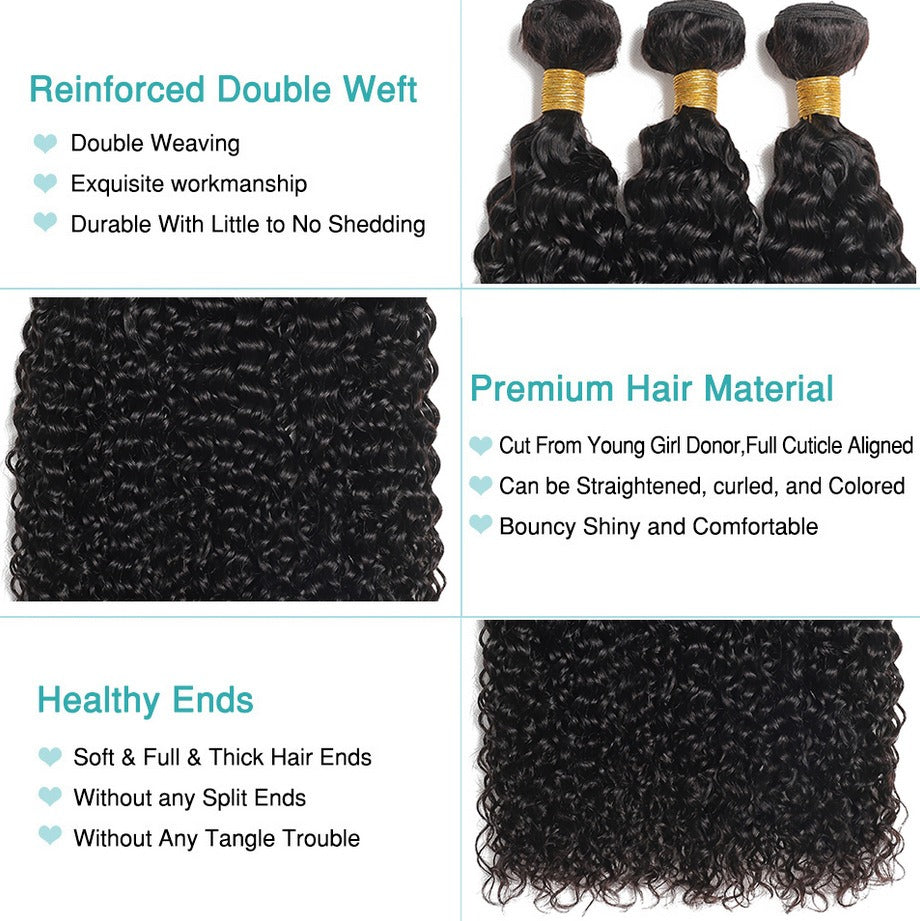 Showing the water wave hair texture, curl pattern, and care instructions for the bundles.