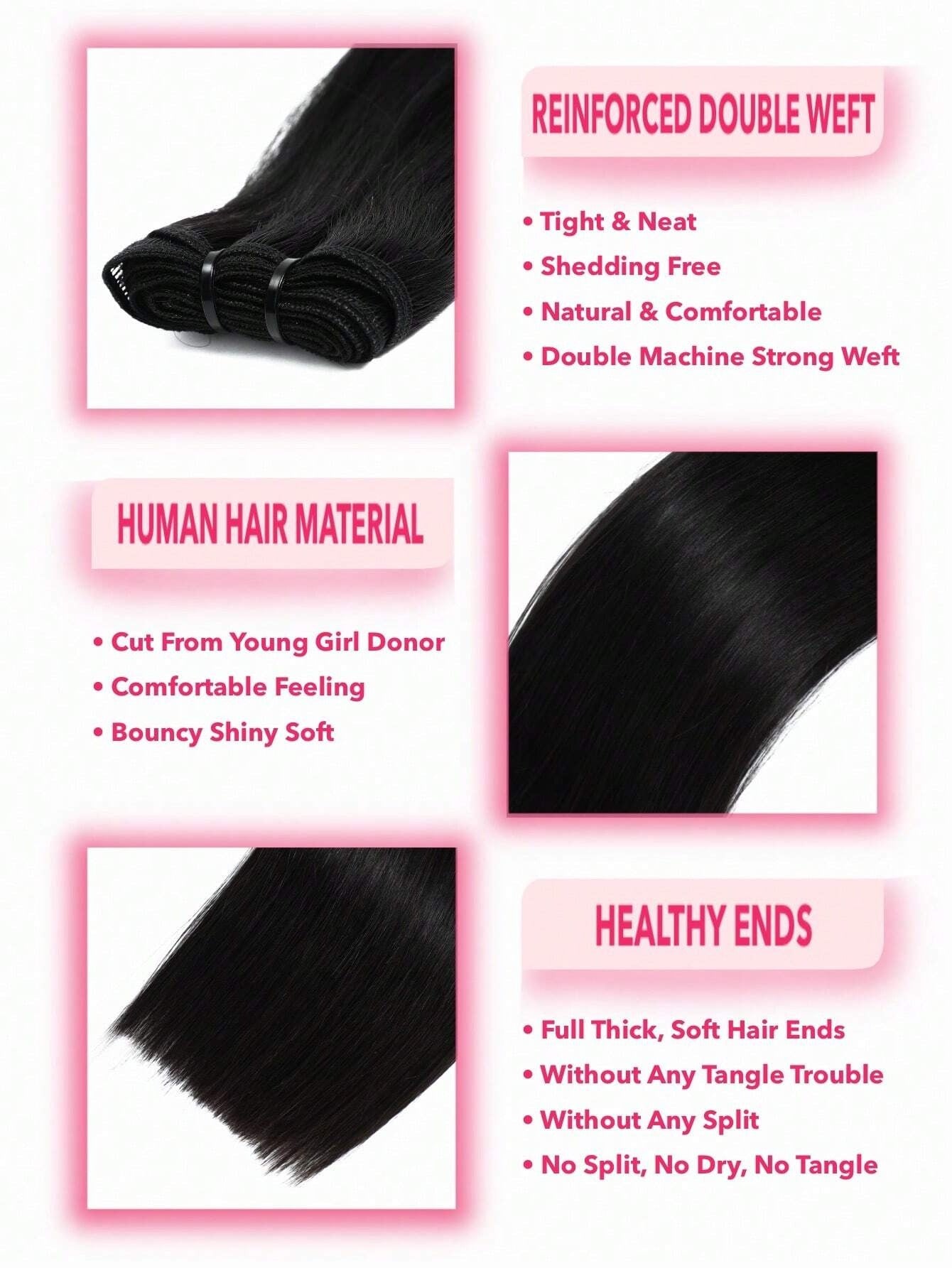 Close-up of 12A straight hair bundles, highlighting the soft texture and thick ends.