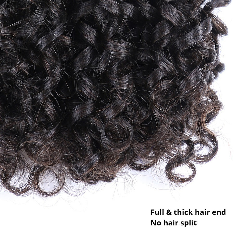 Product infographic highlighting the key features of 12A kinky curly human hair bundles.