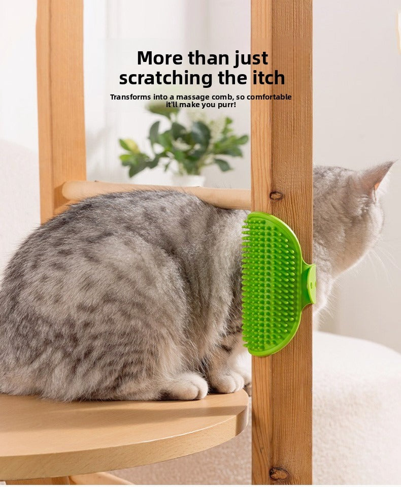 Tabby cat using the green Pet Table Leg Scratcher on a wooden furniture leg to relieve itching and shed loose fur.