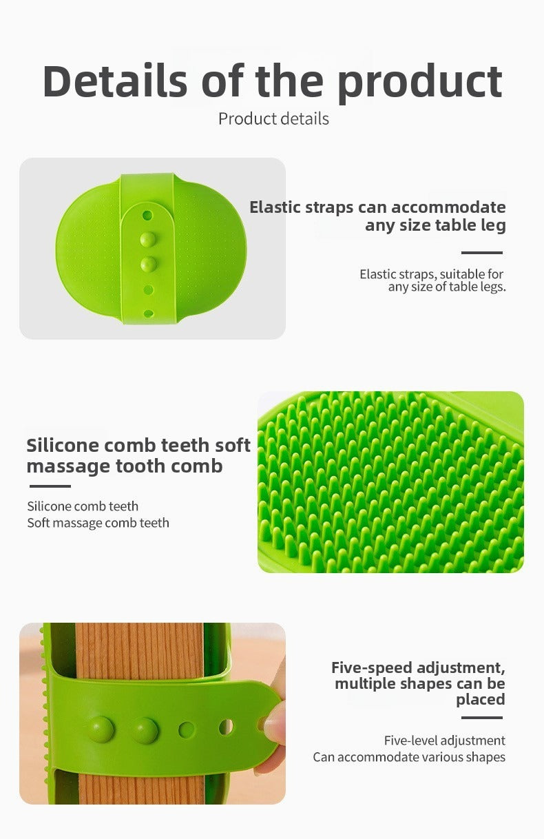 Close-up of the green Pet Table Leg Scratcher, highlighting its soft silicone bristles and adjustable strap for table leg installation.

