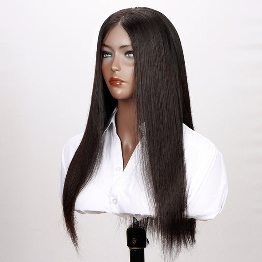 Front view of 4*4 HD closure wig: long straight natural black Vietnamese human hair on mannequin head