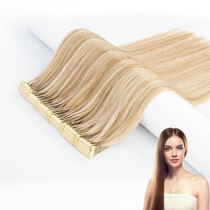 6D Generation 1 straight light blonde human hair extensions laid flat with applicator base, model with styled hair in the corner