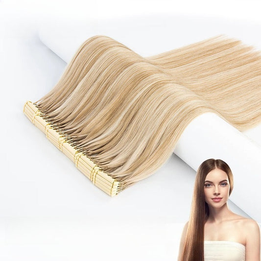 6D Generation 1 straight light blonde human hair extensions laid flat with applicator base, model with styled hair in the corner