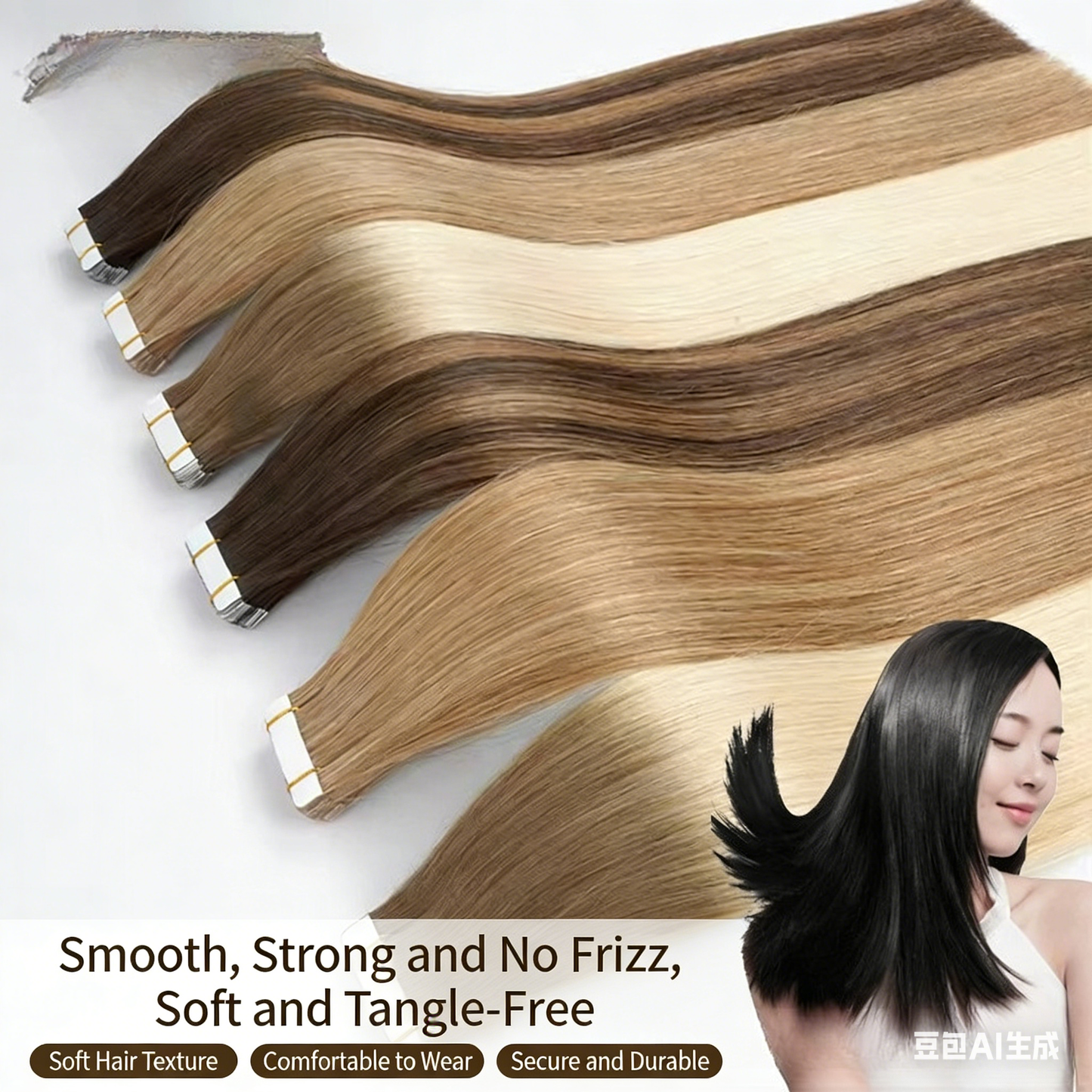 Premium tape-in human hair extensions in multiple colors, with a model showcasing smooth, tangle-free, and soft hair results.