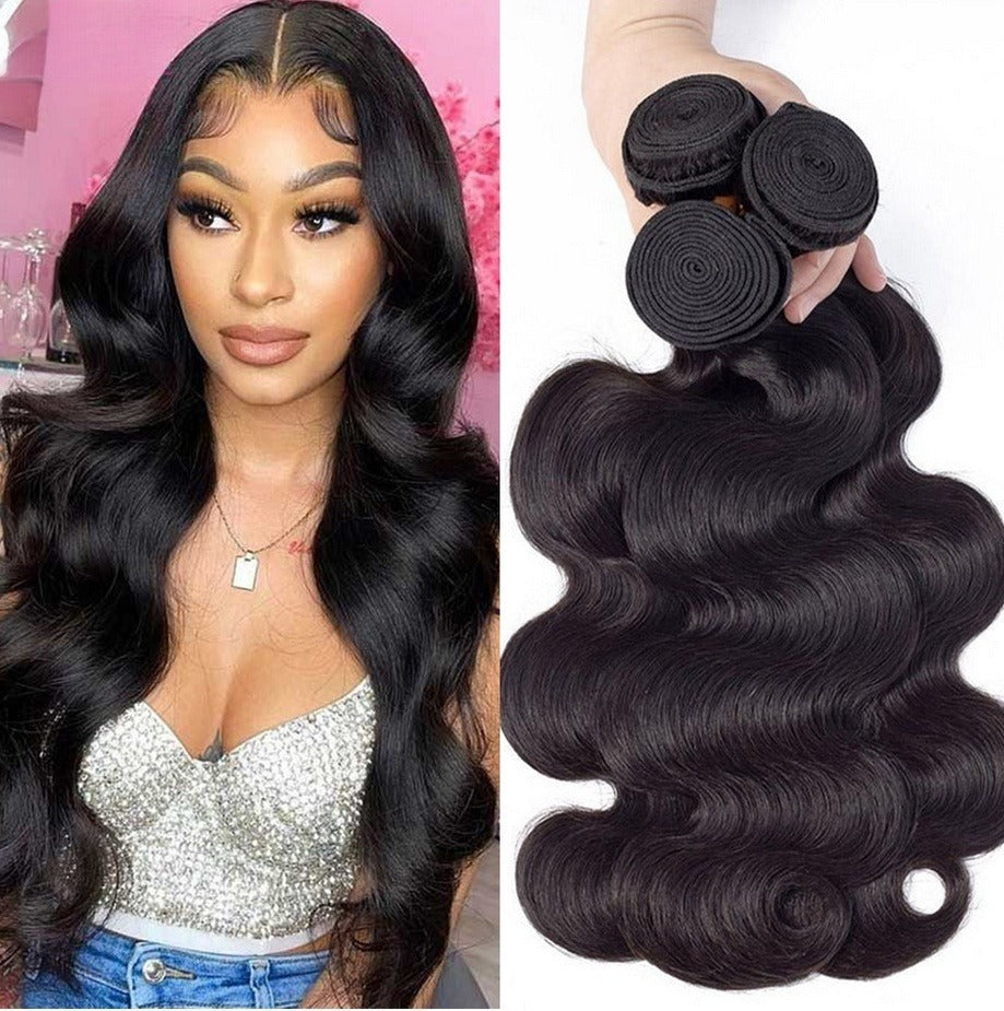 Model with voluminous 10A body wave hair, showcasing the natural wave pattern and shiny texture.