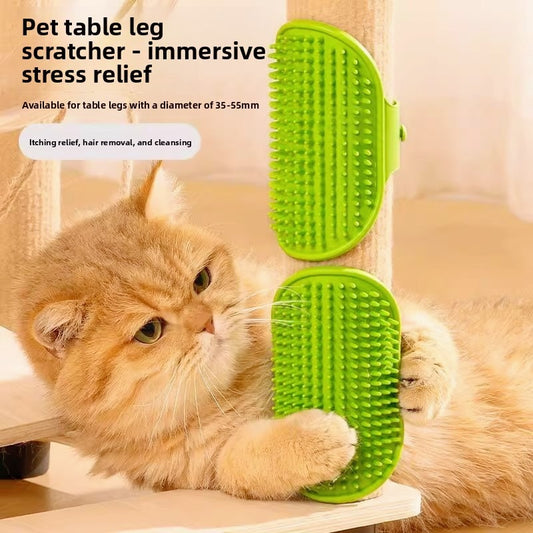 Green Pet Table Leg Scratcher with soft silicone bristles mounted on a wooden table leg, with a ginger cat using it for grooming and stress relief