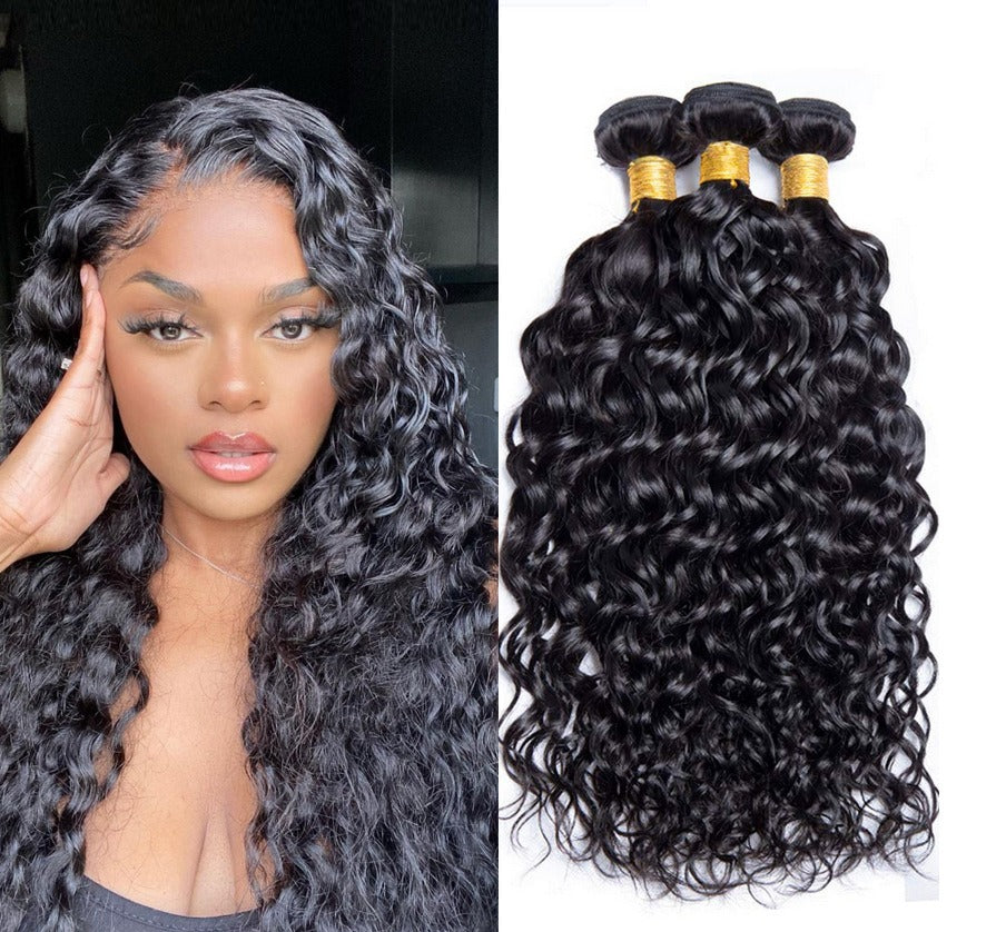 Model with voluminous water wave curly hair, showcasing the natural bounce and texture of the hair bundles.