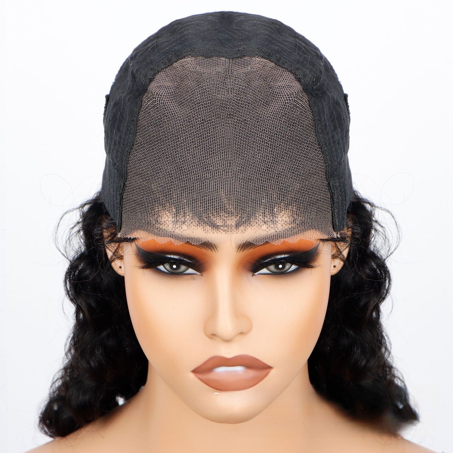 Front view of 5*5 HD glueless wig: deep wave natural black Vietnamese human hair with transparent HD lace closure on mannequin head