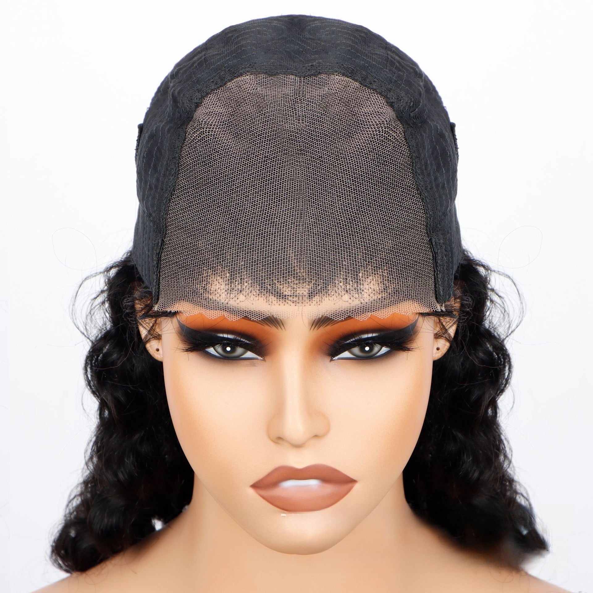 Front view of 5*5 HD glueless wig: deep wave natural black Vietnamese human hair with transparent HD lace closure on mannequin head