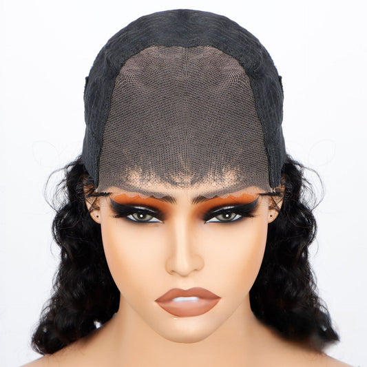 Front view of 5*5 HD glueless wig: deep wave natural black Vietnamese human hair with transparent HD lace closure on mannequin head