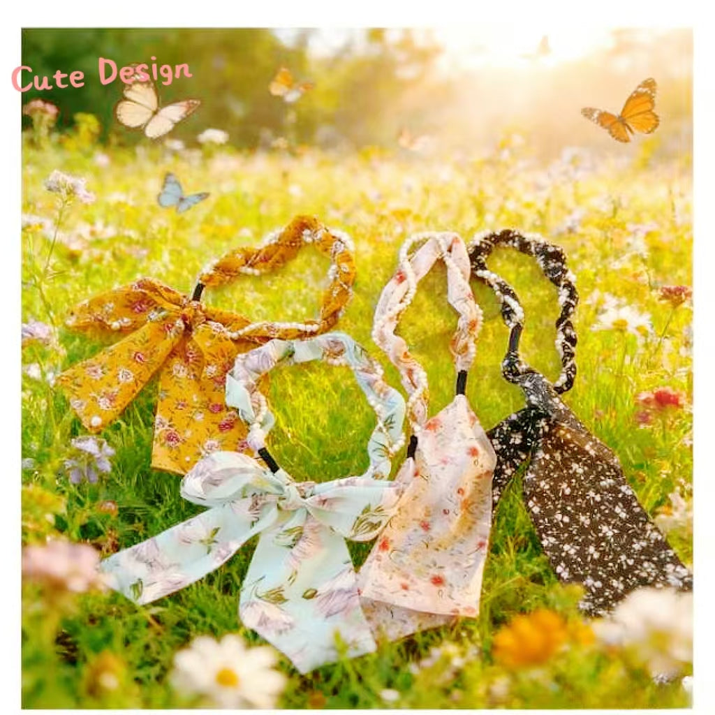 Multiple floral hair scarf headbands laid out, showcasing different pastel and vibrant patterns