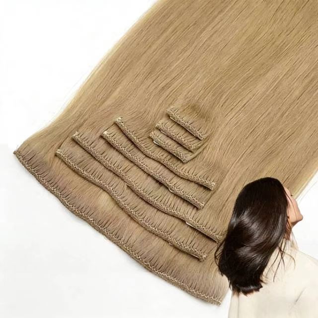 Full set of clip-in hair extensions in natural ash blonde, displayed on a mannequin head.