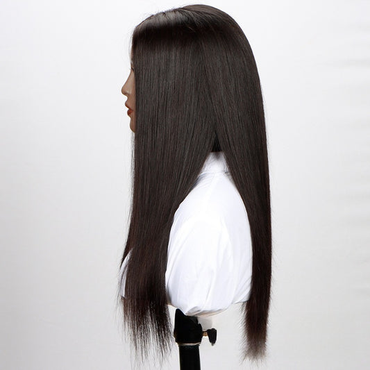 Side back view of 4*4 HD closure wig: long straight natural black hair showing length and flow