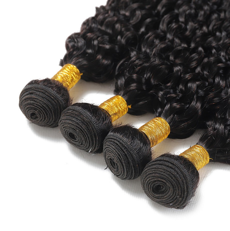  of natural black water wave human hair, displayed to show the thick, full curl pattern.