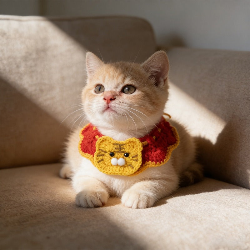 Ginger cat wearing a yellow crochet pet collar with a red flower and bell, posing on a light-colored mat for a photoshoot.