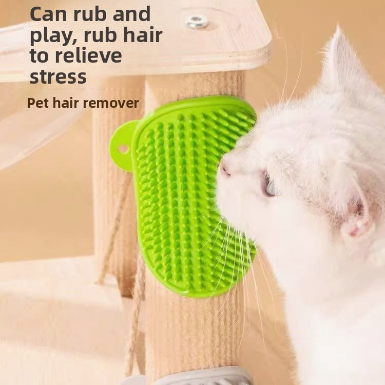 White cat using the green Pet Table Leg Scratcher mounted on a wooden furniture leg for self-grooming.
