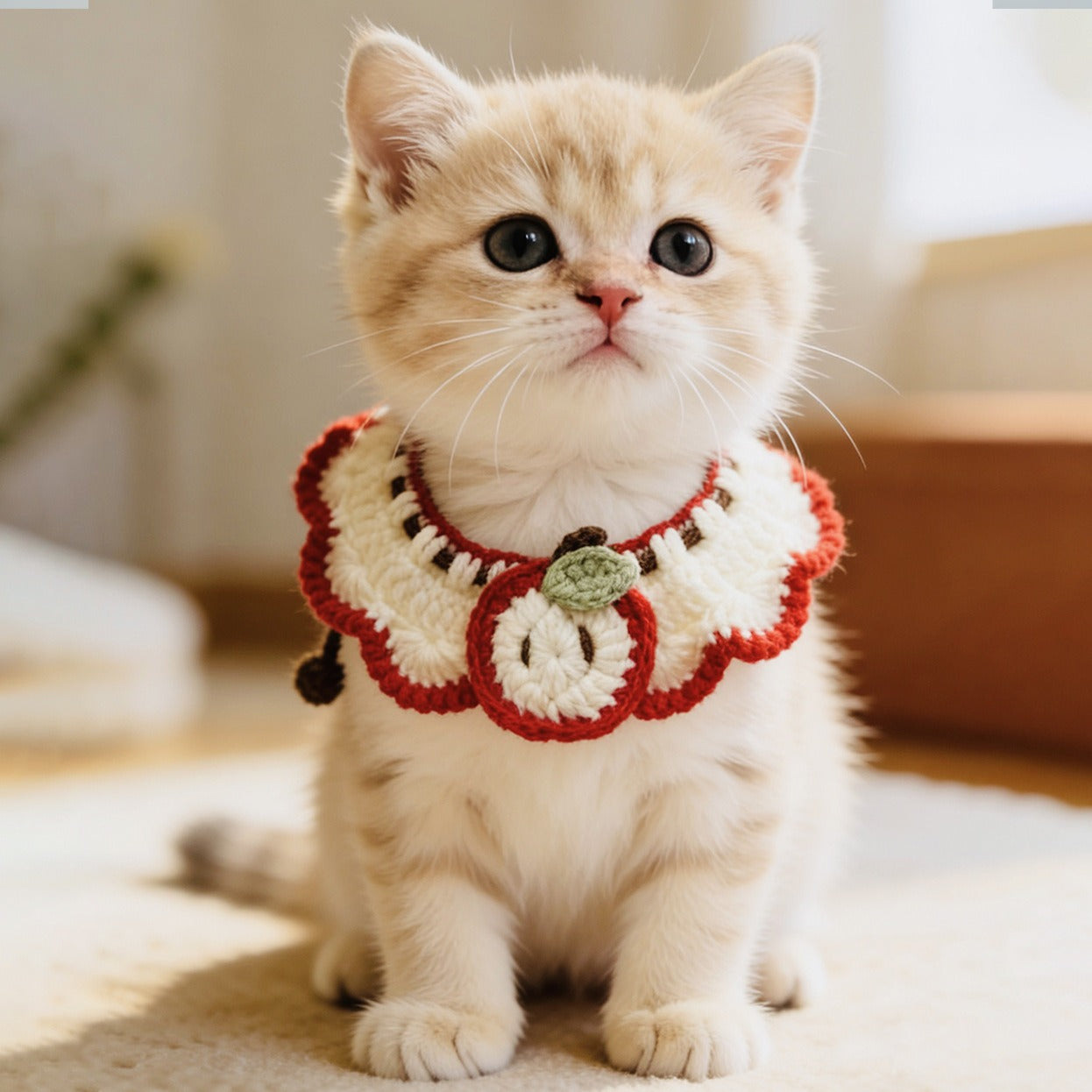Cute cat with blue eyes wearing a red crochet pet collar with a small bell and yellow flower decoration, sitting on a wooden surface.