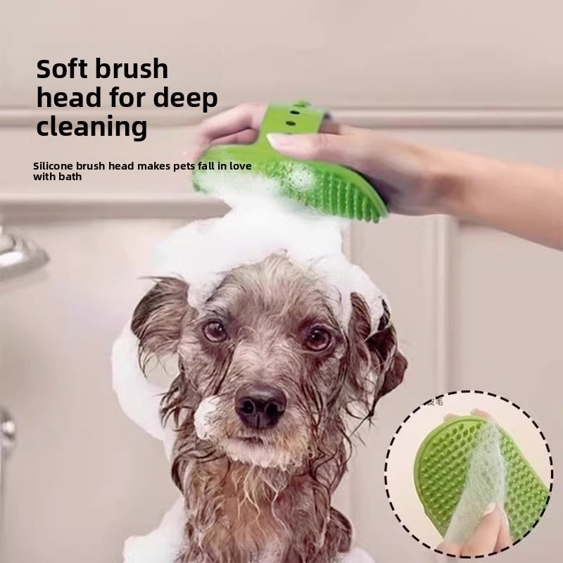 Pet Table Leg Scratcher being used by a dog during bath time for gentle grooming and fur removal.