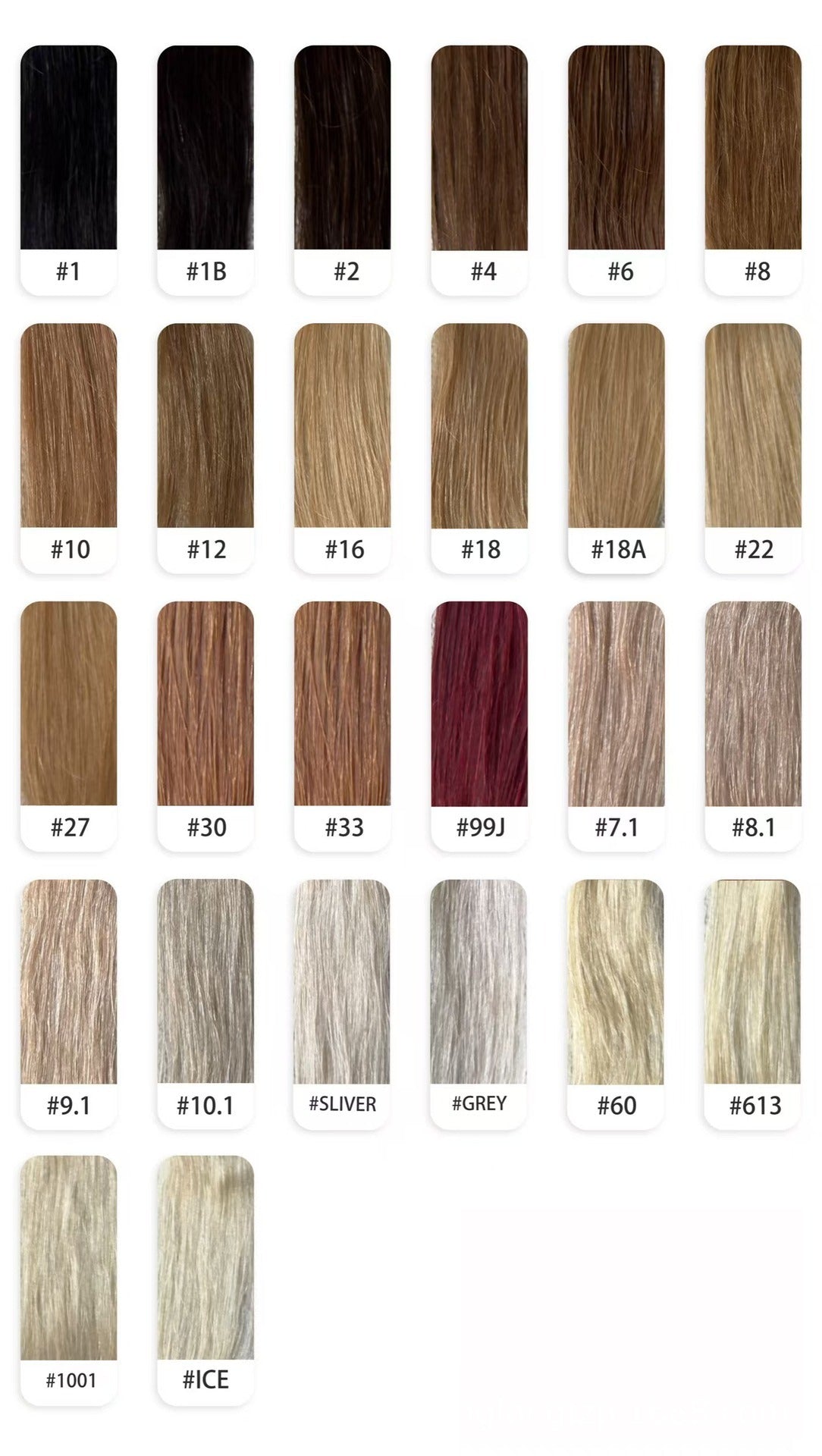 Color swatch chart displaying all available shades for clip-in hair extensions, including blonde, brown, and ombre tones.
