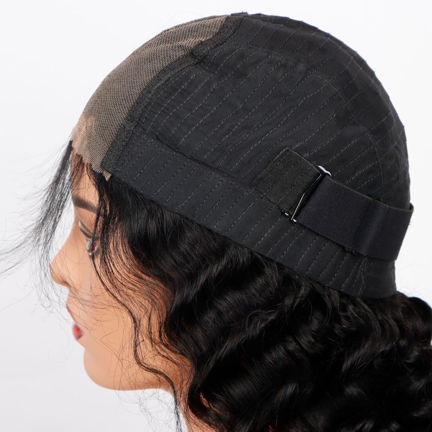 Side view of 5*5 HD glueless wig: highlighting the adjustable band and natural hair flow