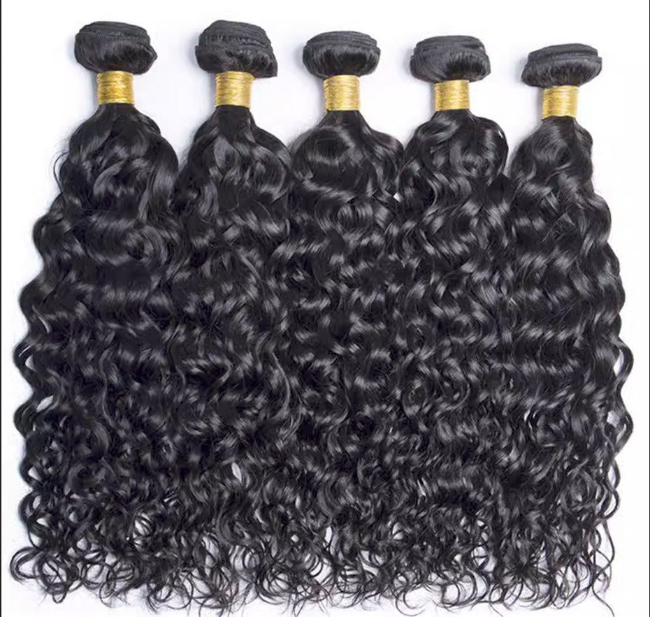 Five bundles of water wave human hair with golden caps, laid out to show the length and consistent curl pattern.