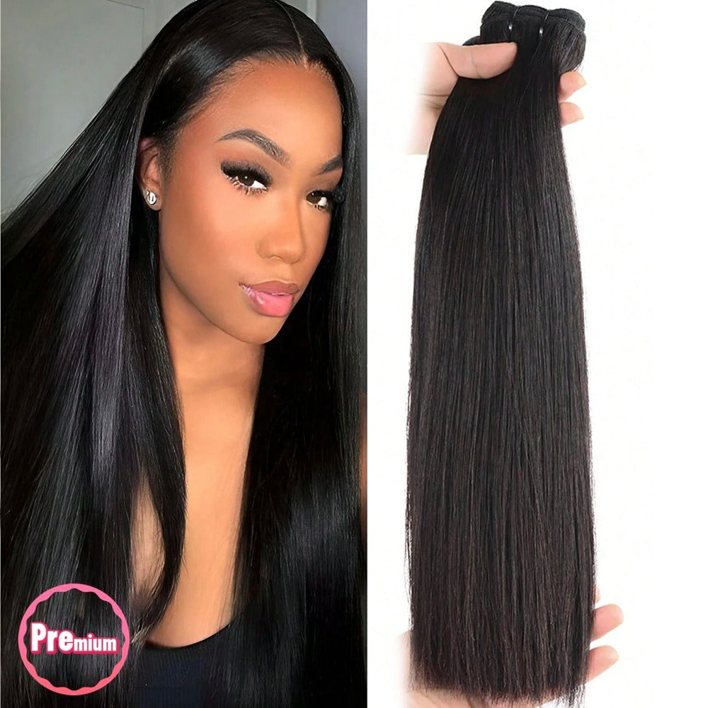 Model with voluminous 12A straight hair, showcasing the natural straight look and shiny texture.