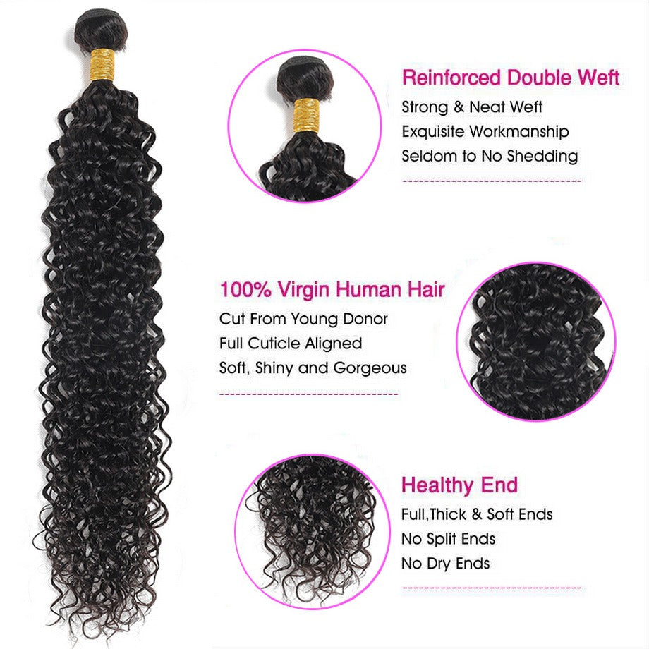 Product infographic showing the water wave hair texture, curl pattern, and care instructions for the bundles.