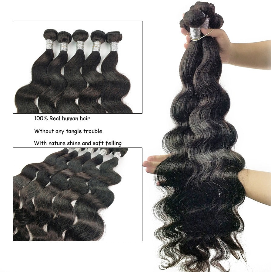 Three bundles of 10A body wave human hair, held to show the thick, full wave pattern.