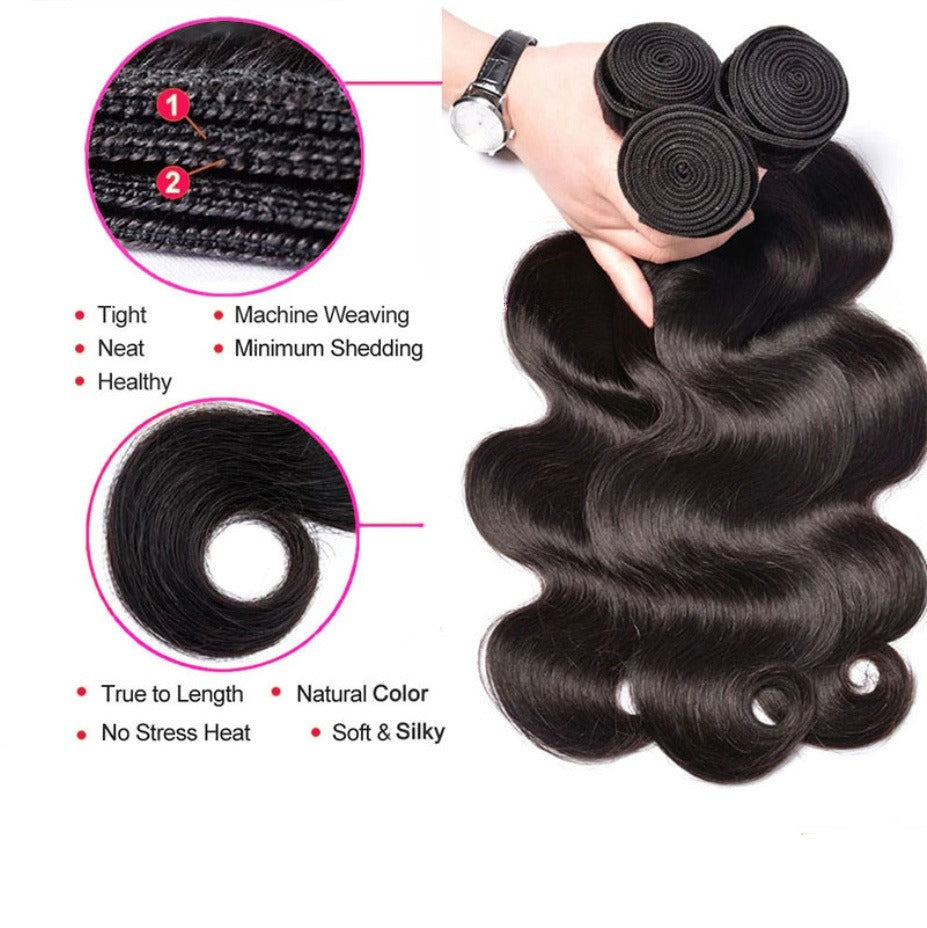 Multiple bundles of 10A body wave hair laid out, displaying the consistent wave pattern and natural black color.